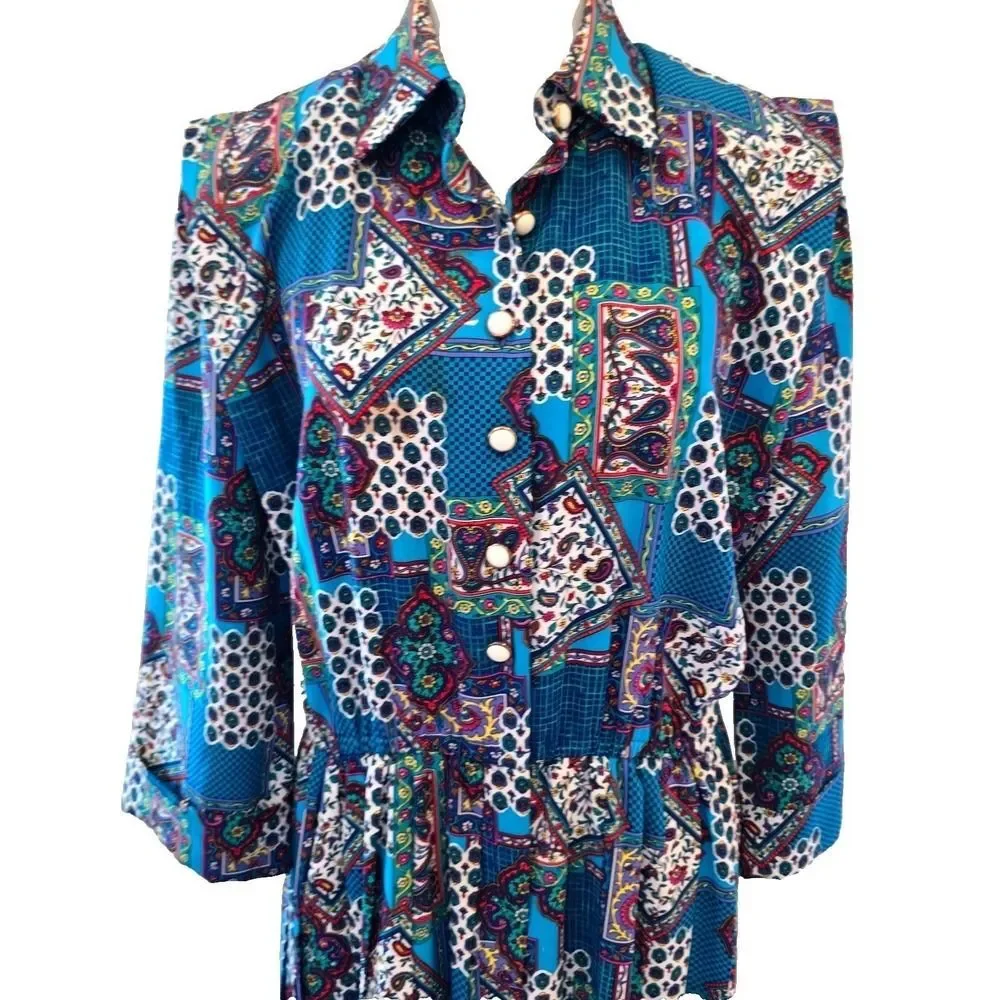 Vintage 80s Schrader Petite Dress Womens 14P Paisley Patchwork Shirtdress Midi